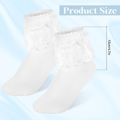 2 Pair Frilly Ankle Socks Women Lace Ruffle Frilly Socks for Women Pearls Ankle Ruffled Socks Pearl Lace Ankle Socks Cute Cotton Socks Communion S...