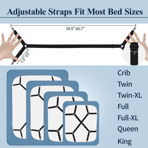 Bed Sheet Holder Straps, Bed Sheet Fasteners Suspenders Adjustable Stretch to 82.7'' Elastic Band Fitted Bed Sheet Holder Fasteners Grippers Clip,...