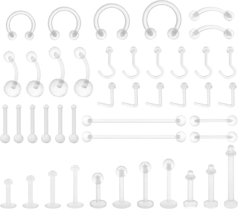 43Pcs Clear Piercing Retainer Set Acrylic Septum Ring Nose Studs Rings Cartilage Navel Tongue Barbells Lip Eyebrow Tragus Earring Clear Piercing J...