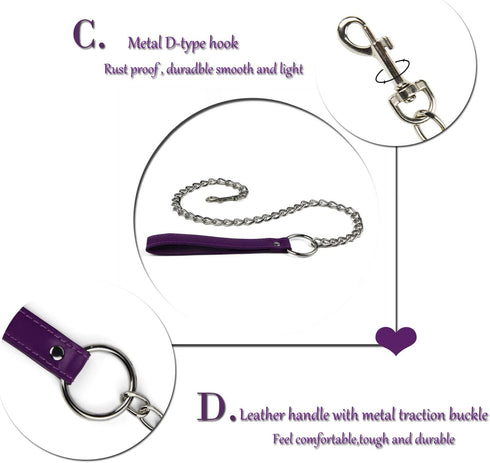 Leather Choker Collar with Long Traction Chain Rugged Durable and Collar Necklace Neck Size Adjustable Suitable for Pets Purple...