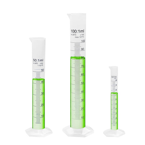Plastic Graduated Measuring Cylinder Set, 3 Sizes 10ml 50ml and 100ml, PP Material with Hexagonal Base and Blue Printed Graduation, 4099.0015.1....