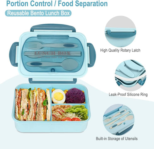NatraProw Bento Box for Adult, 1200 ML Lunch Containers, LeakProof Lunch Box with Utensils, BPA Free, 3 Compartment Bento Box Microwave Safe, Blue...