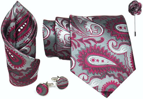 Paisley Ties For Men – Tie Set With Pocket Square Cufflinks & Flower Brooch Pin For Mens (APN1) (Pack of 4)...