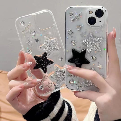 for iPhone 14 Pro Max Case Bling Stars 3D Hearts Diamond Twinkle Star Glitter Spark Luxury Girly Aesthetic Personalized Design for Women Girls Tee...
