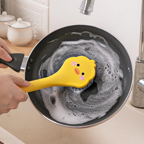 2 PCS Yellow Duck +Yellow chicken Dish Brush Handle Built-in Scraper, Scrub Brush for Pans, Pots, Kitchen Sink Cleaning...