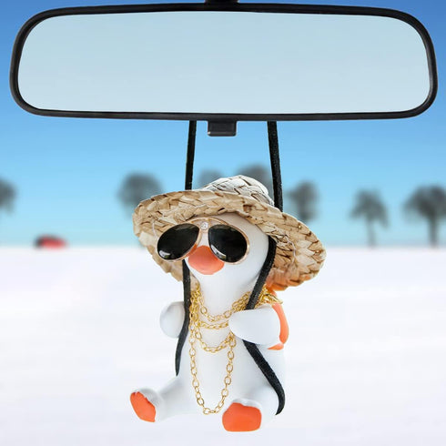 Swinging Duck Car Hanging Ornament, Cute Car Hanging Accessories for Rear View Mirror, Car Pendant Gold Necklace Sunglasses Duck Hanging Swing...