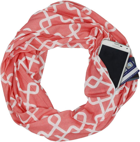 Women Chain Link Pattern Infinity Scarf Wrap Scarf with White Zipper Pocket, Infinity Scarves...