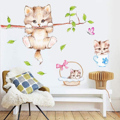 Kiddale Cute Cat Wall Decals,Removable Cat Tree Branches Butterfly Wall Stickers for Kids Rooms Nursery Playroom Home Decoration...