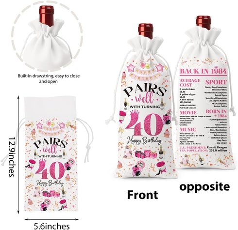 40th Birthday Gifts Women Men Wine Bag, 40 Year Old Birthday Gifts for Women Men, Happy 40th Birthday Party Decorations Woman Man, Pairs Well with...