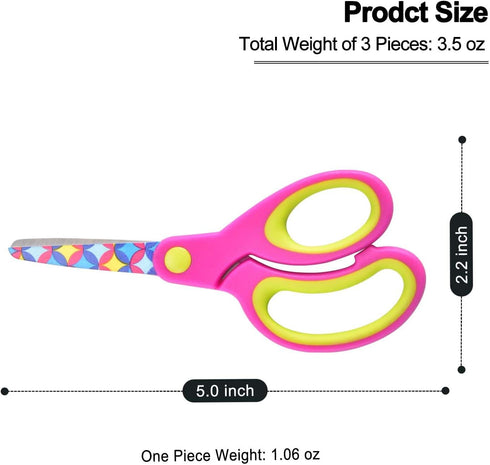 Kids Scissors Set of 3 pack, Safety Children Scissors, Small Craft Scissors with Blunt-Tip Floral Print Blade and Soft Grip, Great for DIY, Arts, ...