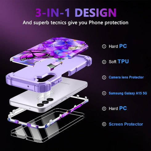 Rancase for Galaxy A15 5G Case,Three Layer Heavy Duty Shockproof Protective Case with 2 Tempered Glass Screen Protector for Samsung Galaxy A15 5G ...