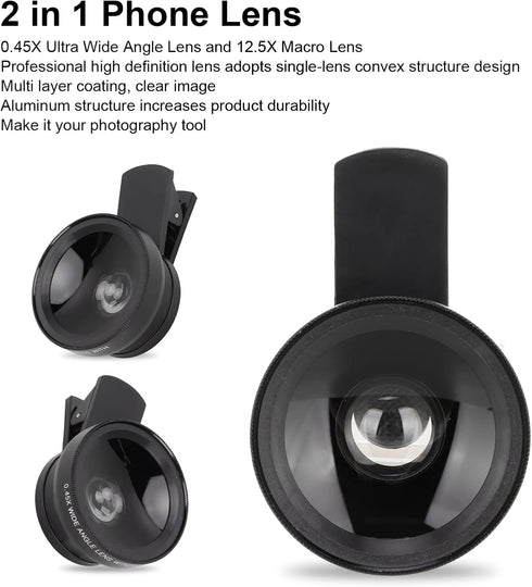 2 in 1 Cell Phone Lens Kit, 0.45X Wide Angle 12.5X Macro Phone Camera Lens, Professional Cell Phone Lens with Clip, Detachable HD Lens with Storag...