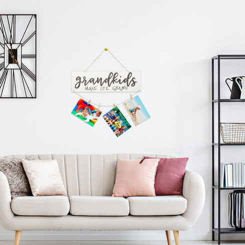 Garneck Grandkids Photo Frame Mini Wooden Hanging Wall Board DIY Listing Note Clips Crafts Grandma's Picture Board Frame with Wooden Clips and Rou...