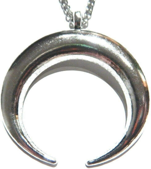 Oversized Silvertone Crescent Moon Pendant on Long Chain Necklace Gothic Occult Wiccan...
