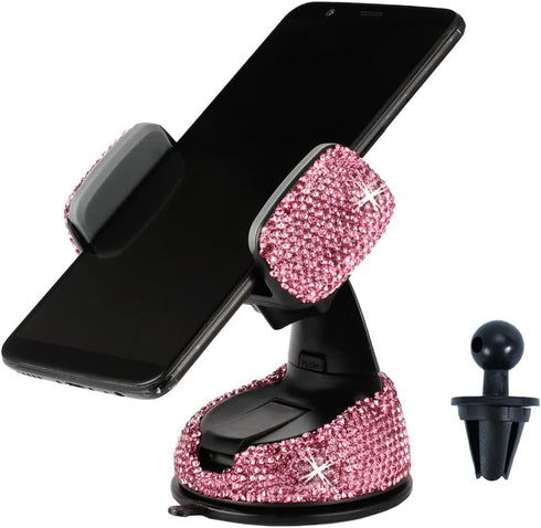 Bling Car Phone Holder, 360° Adjustable Crystal Car Phone Holder, Car Interior Accessory with One More Air Vent Base, Universal Phone Holder for D...