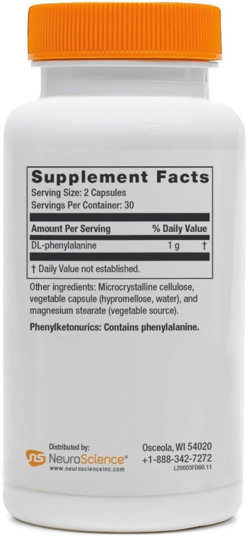 NeuroScience Focus DL - Cognitive Support for Adults & Children, 1000 mg Phenylalanine as DLPA, Dopamine Precursor, Gluten & Soy Free (60 Capsules...