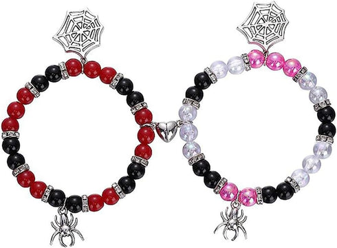 2Pcs Love Heart Mutual Attraction Natural Stone Bead Spider Stretch Bracelet Set for Women Men Red Heart Energy Stone Spider Web Beads Bracelet Ha...