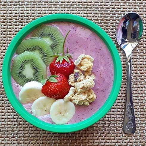Re-Play Kids Dinnerware Set - 10 oz. Open Cup, 7" Flat Plate, 12 Oz. Bowl, Rounded Tip Fork and Deep Scoop Spoon - Dishwasher/Microwave Safe - Mad...