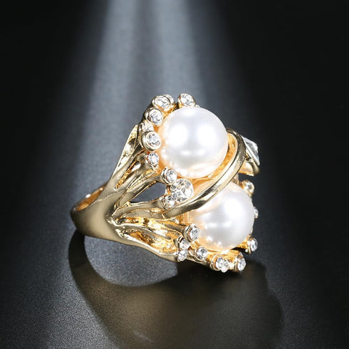 Boho CZ Pearl Statement Ring for Women Girls Golden Cubic Zirconia Imitation Pearls Finger Rings Comfort Fit Dainty Birthday Engagement Wedding An...