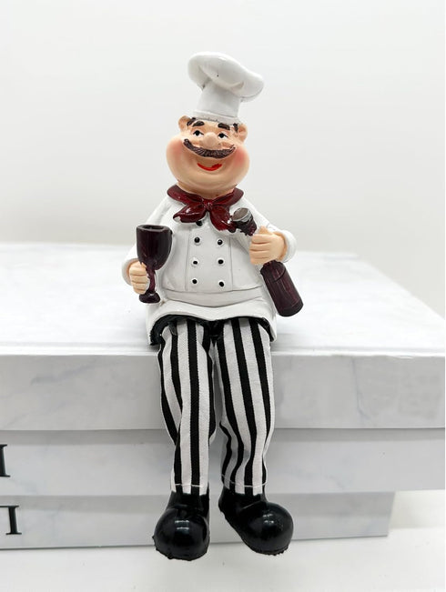 Set of 2 Home Kitchen Decor Chef Figurines Bread & Wine with Dangling Legs Shelf Sitters Figurine Statue for Kitchen Shelves, Cupboard, Countertop...