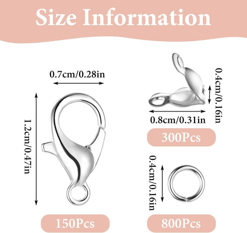 1250 Pcs Jewelry Making Accessories Set Includes 150 Pieces Lobster Claw Clasps 300 Pieces Bead Tips Knot Covers and 800 Pieces Open Jump Ring Con...