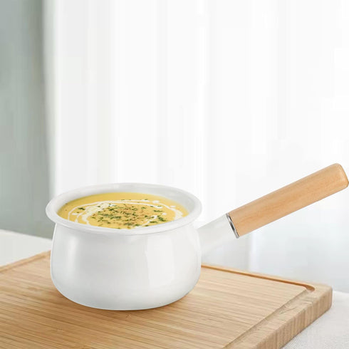 Jucoan 1 Quart Enamel Milk Pan with Dual Pour Spout, Small Enamel on Steel Saucepan Milk Pot Butter Warmer with Wooden Handle, Stove Top Soup Pot ...