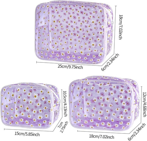 3pcs Clear Makeup Bags,Transparent Women Cosmetic Bag with Zipper,Daisy Beauty Case,Make Up Organizer Storage,Bath Toiletry Wash Bag...