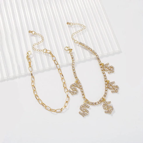 Urieo Gold Rhinestone Anklet Chain Dollar Pendant Foot Chain Double Layered Anklets Bracelets Summer Beach Jewelry for Women Pack of 2...