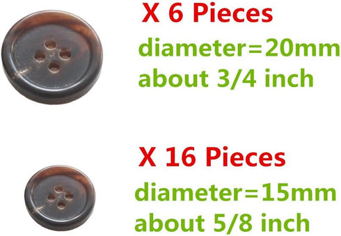 YaHoGa 22 Pieces Real Horn Buttons Set for Blazers Suits Coats 15MM 20MM Natural Brown Buffalo Horn Blazer Buttons Suit Buttons for Men (Dark Brow...
