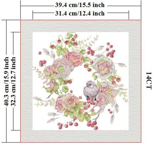 ITSTITCH Stamped Cross Stitch Kits - Full Set of Embroidery for Beginners or Adults,14 CT 2 Strands DIY Birdie Rose Wreath Patterns Counted Arts C...