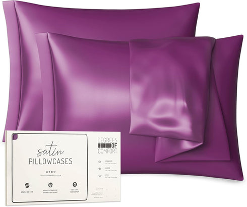 Purple Satin Pillowcase Queen Set of 2 | Pillow Cases for Hair and Skin | 20 x 30 Inch–Slip Silky Comfort with Envelope Closure...