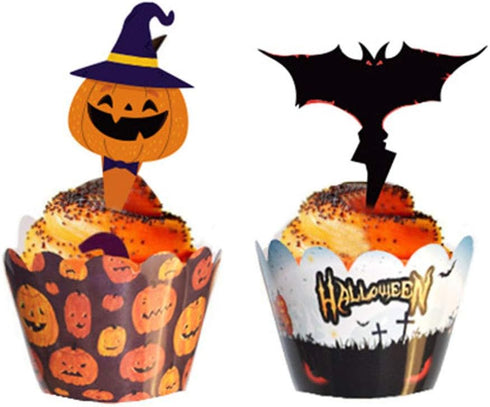 48 Pieces Halloween Cupcake Toppers Cupcake Wrappers Kit for Halloween Cake Decoration...