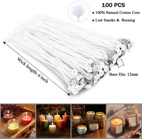 Bulk 6-Inch Candle Wicks - 100 Pcs with Wick Stickers & Centering Device for Soy/Beeswax Candle Making...