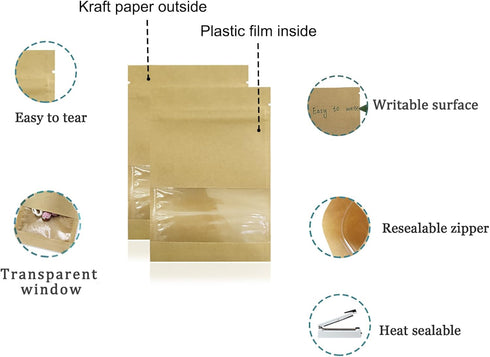 FERENLI 100 Pack Small Resealable Seed Coin Envelopes Bags with Clear Window Brown Kraft Paper Heat Seal Packets for Flower Vegetable Seeds Storag...