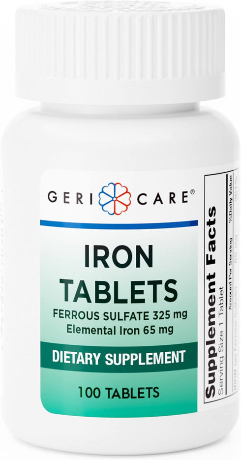 GeriCare Ferrous Sulfate Tablets 325mg, Elemental Iron 65 mg High Potency Iron Supplement | No Artificial Color Additives Dietary Supplement 100 C...