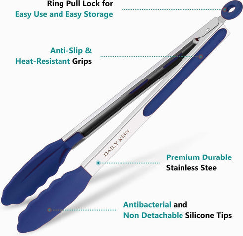 Kitchen Tongs Set of 3, Cooking Tongs with Silicone Tips, Stainless Steel Serving Tongs, Non-Scratch Heat Resistant Tongs for Grilling Cooking BBQ...