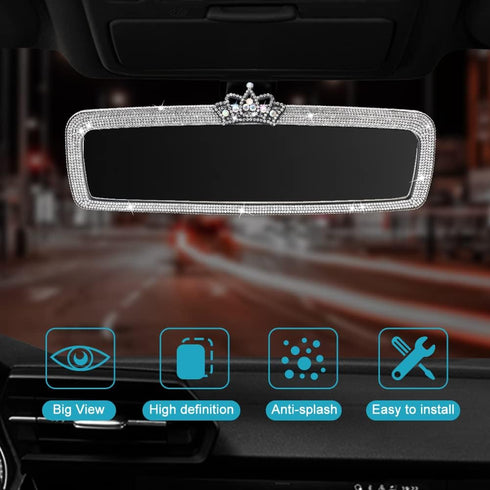 Bling Rhinestone Rear View Mirror Cover, Car Rear View Mirror with Crystal Diamonds Bling Rhinestones Car Rear View Mirror Car Interior Trim(White...