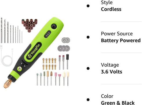 Yougfin Mini Cordless Rotary Tool, 3-Speed and USB Charging Rotary Tool Kit with 44 Accessories, Multi-Purpose 3.6V Power Rotary Tool for Sanding,...