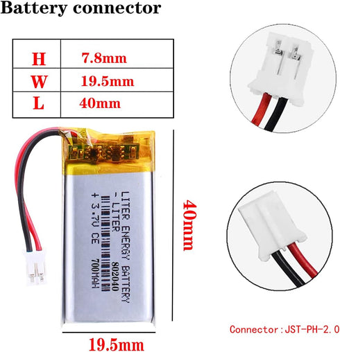 Liter 3.7V 700mAh 802040 Lipo Battery Rechargeable Lithium Polymer ion Battery Pack with JST 2.0mm Connector...