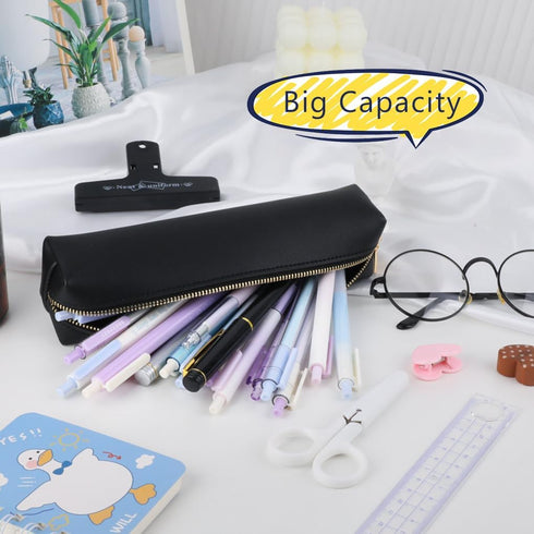 Oyachic Pencil Case PU Leather Cosmetic Makeup Bag Work Small Pen Pouch Zipper Storage Box Adults Desk Organizer Pens,Pencils,Markers (Black)...