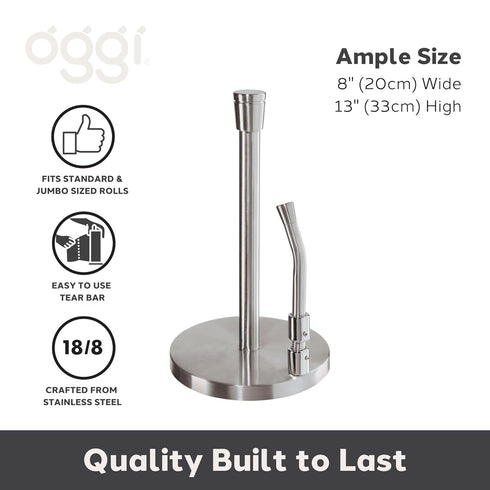OGGI Stainless Steel Paper Towel Holder - with Tension Arm and Tear Bar, 13" Height - Stainless Steel Construction...