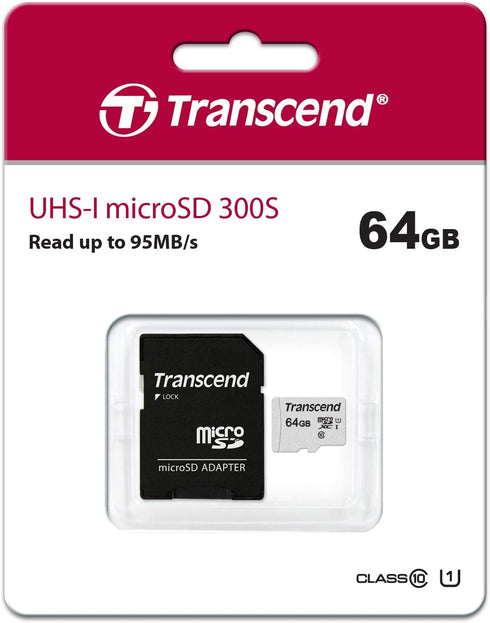 Transcend 64GB microSDXC UHS-I Class 10 U1 Memory Card with Adapter (TS64GUSD300S-A)...