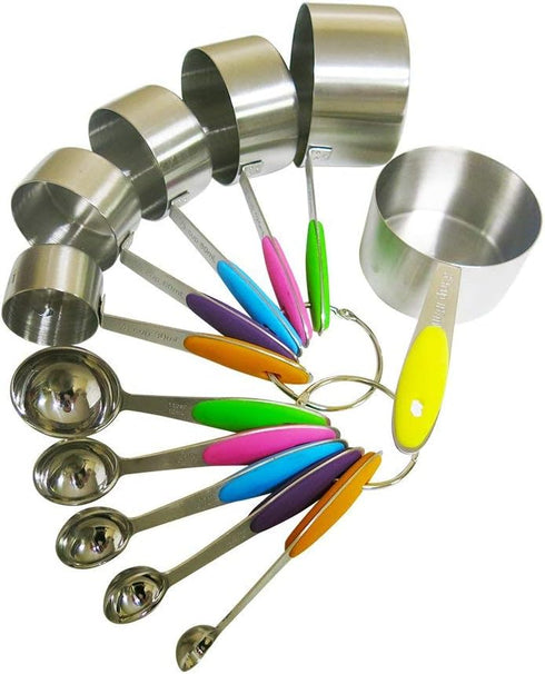 New Version! 11 Piece Measuring Cups And Spoons Set by Laxinis World | Sturdy Stainless Steel Stackable 6 Cups and 5 Spoons with Soft Silicone Han...