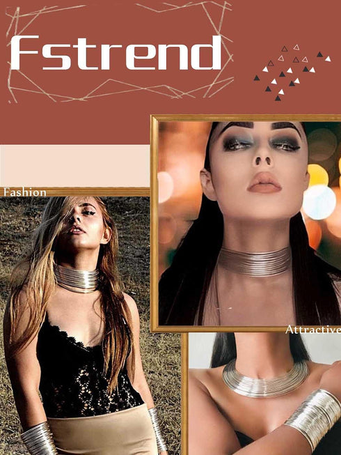 Fstrend Statement Choker Bracelet Earrings Set Gold Plated African Bib Chunky Necklace Costume Party Jewelry Accessories for Women and Girls...