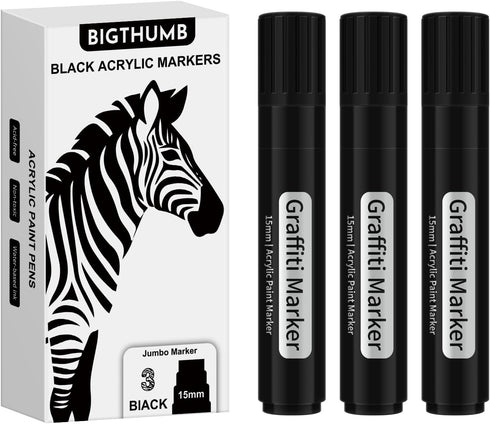 3 Pcs Black Jumbo Permanent Markers: 15mm Wide Tip Thick Acrylic Paint Pen Large Graffiti Calligraphy Marker for Rock Painting, Poster, Sign, Canv...