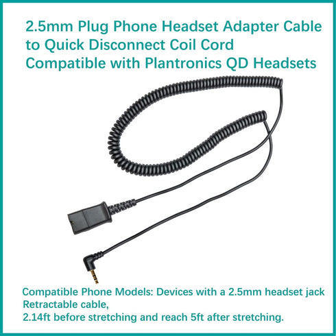 daily headset 2.5mm Quick Disconnect Coil Cable Compatible with Plantronics QD Work with Cordless or Cell Phones Which Have a 2.5mm Port...