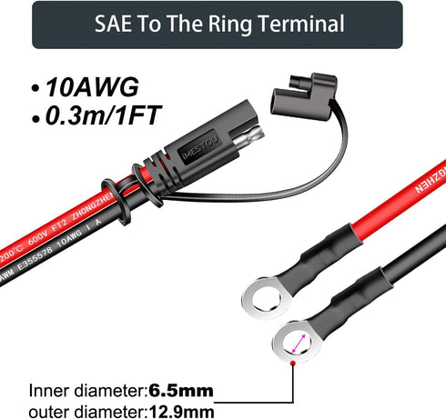 iMESTOU 10AWG SAE to O Ring Terminal Harness 2 Pin Quick Disconnect Plug 1 Feet Eyelet Terminal Harness Extension Charge Cord Quick Disconnect SAE...