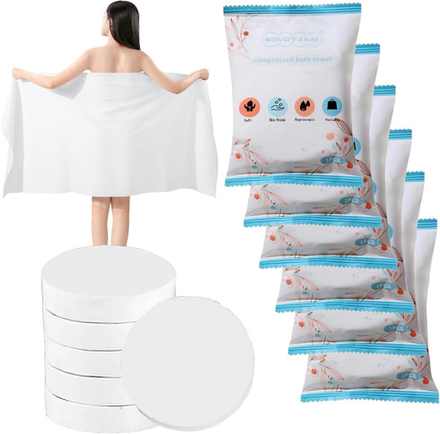 6 Packs Large Compressed Towel 56'' x 28'' Disposable Cotton Bath Towels Portable Thick Paper Towel Reusable Suitable for Hiking Camping Beach Swi...