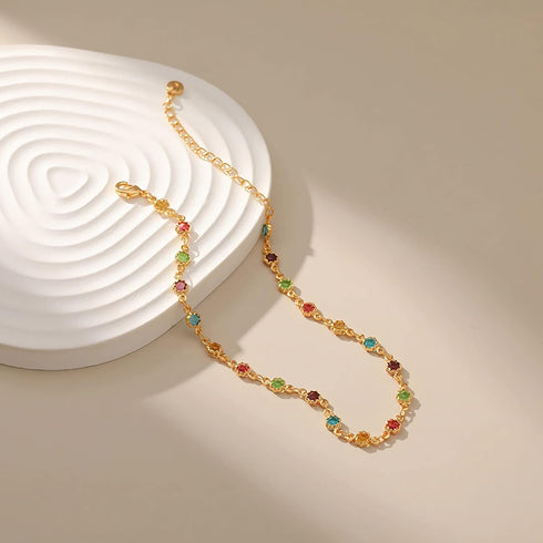 18K Gold Plated Anklet, Adjustable Bohemian Square Coloured Zirconia Anklet, Beach Holiday Jewellery For Women...