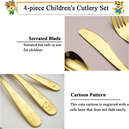 Berglander Gold Toddler Utensils 4 Pieces Golden Titanium Plating Kids Silverware Set, Children Safe Forks and Spoons Flatware, Mirror Polished Sm...